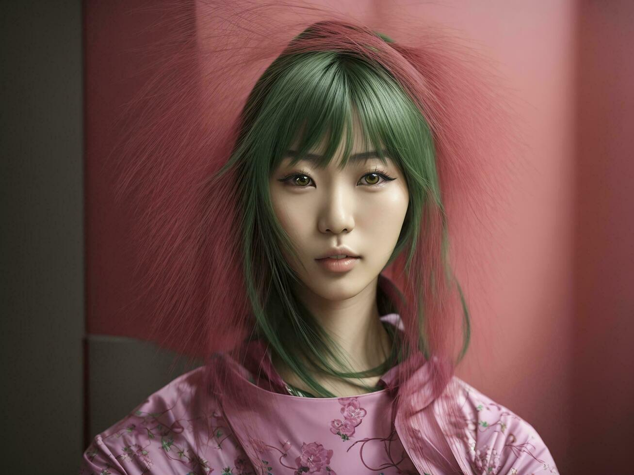 retrato de rosado y verde electrificado peludo japonés joven mujer generado con ai foto