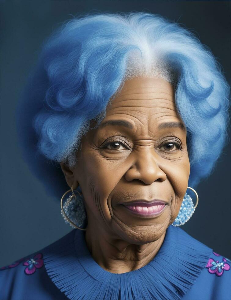 retrato de azul peludo afro americano antiguo mujer en su setenta generado con ai foto