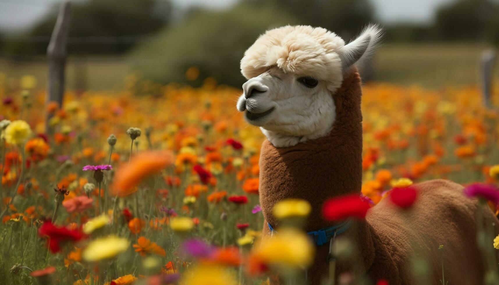 A cute alpaca grazes in a green meadow, surrounded by flowers generated by AI photo