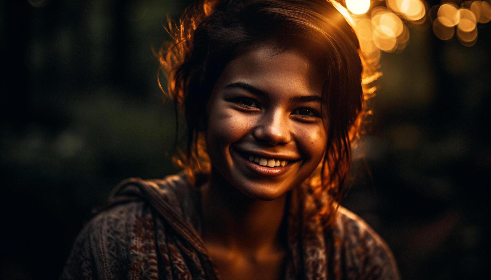 Smiling young woman outdoors, looking at camera with confidence generated by AI photo