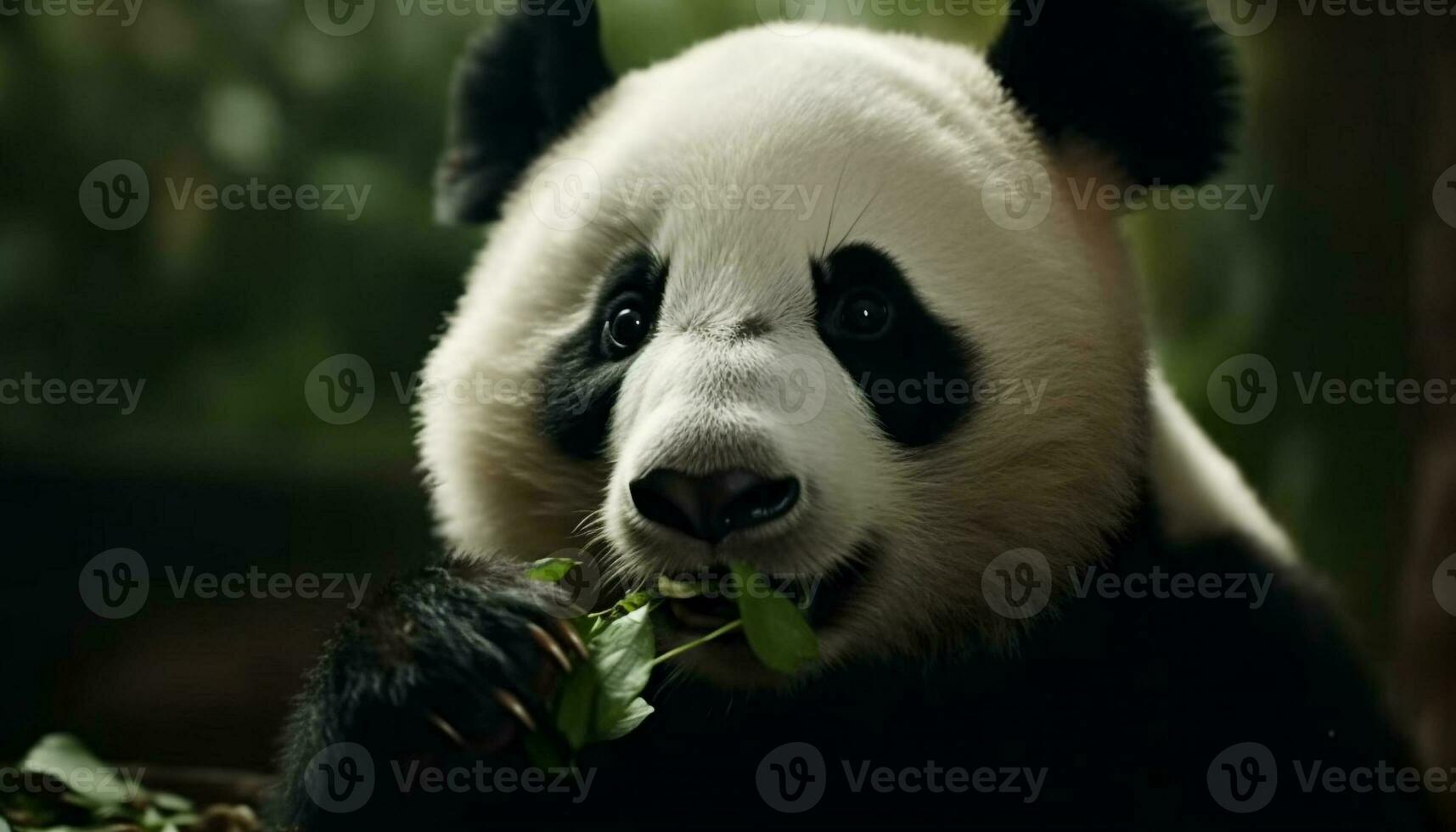 linda gigante panda comiendo bambú en el salvaje, cerca arriba retrato generado por ai foto