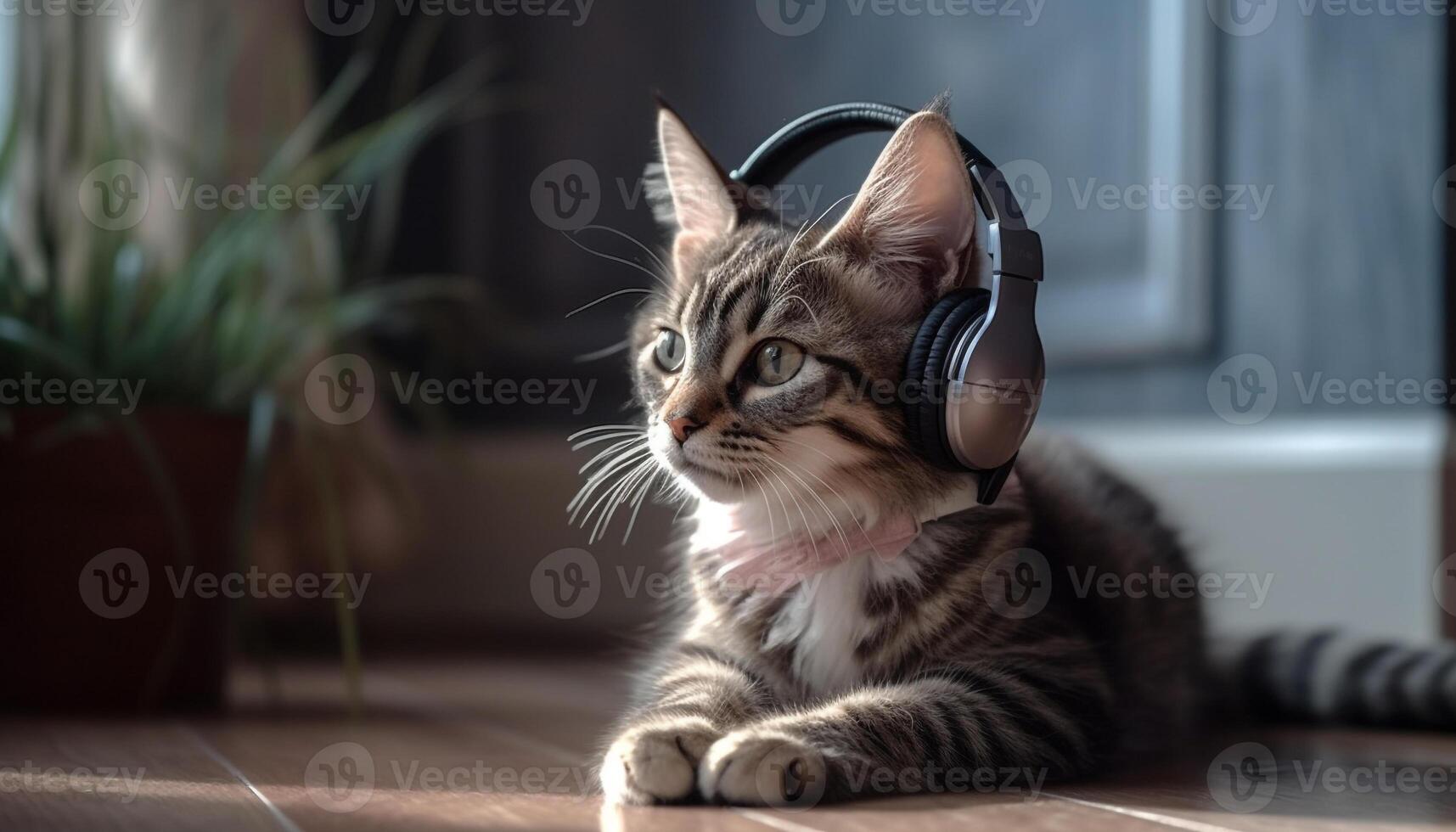 Cute kitten playing with headphones, looking at camera, indoors generated by AI photo