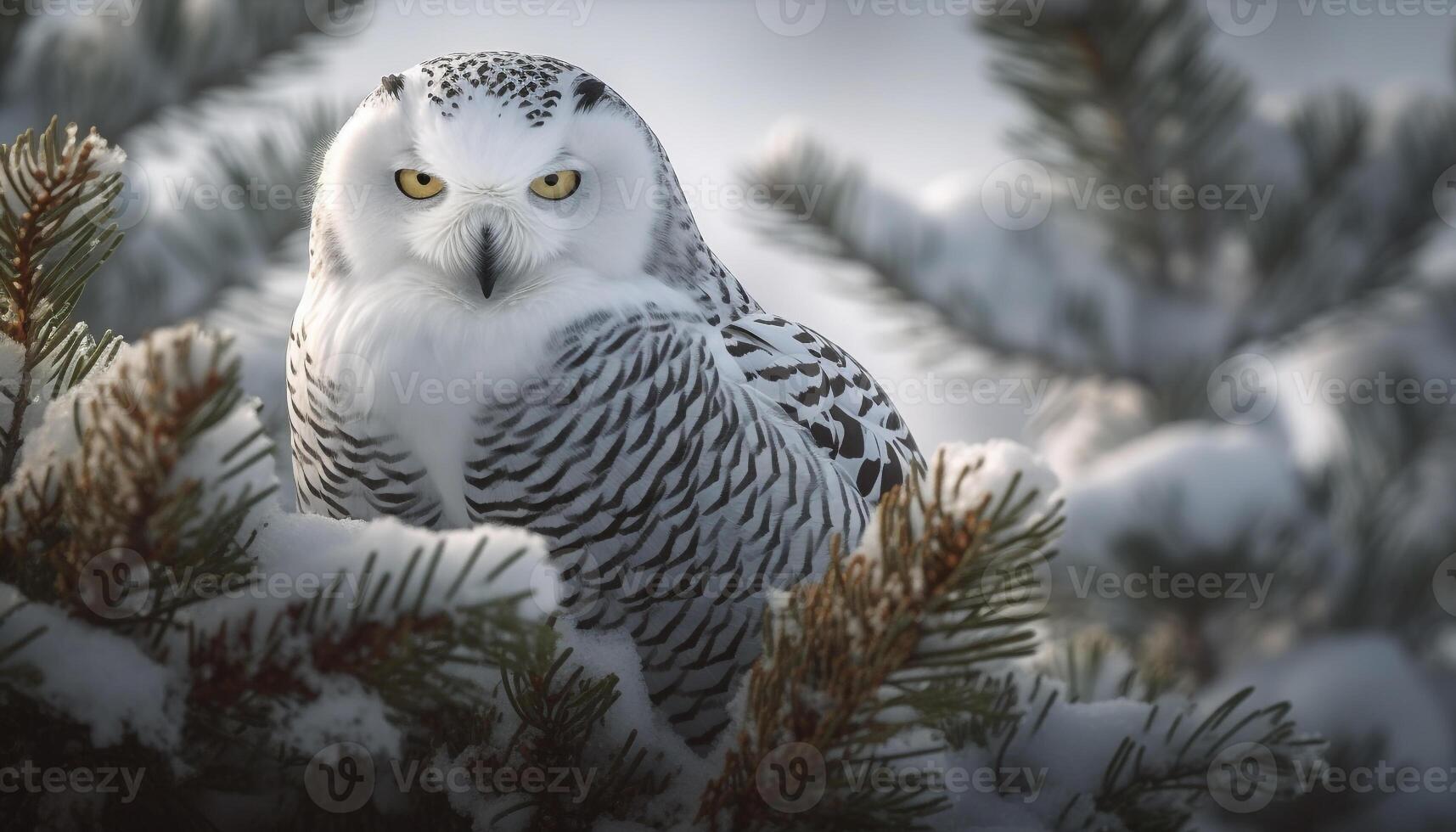 Snowy owl perching on a branch, staring with intense animal eye generated by AI photo