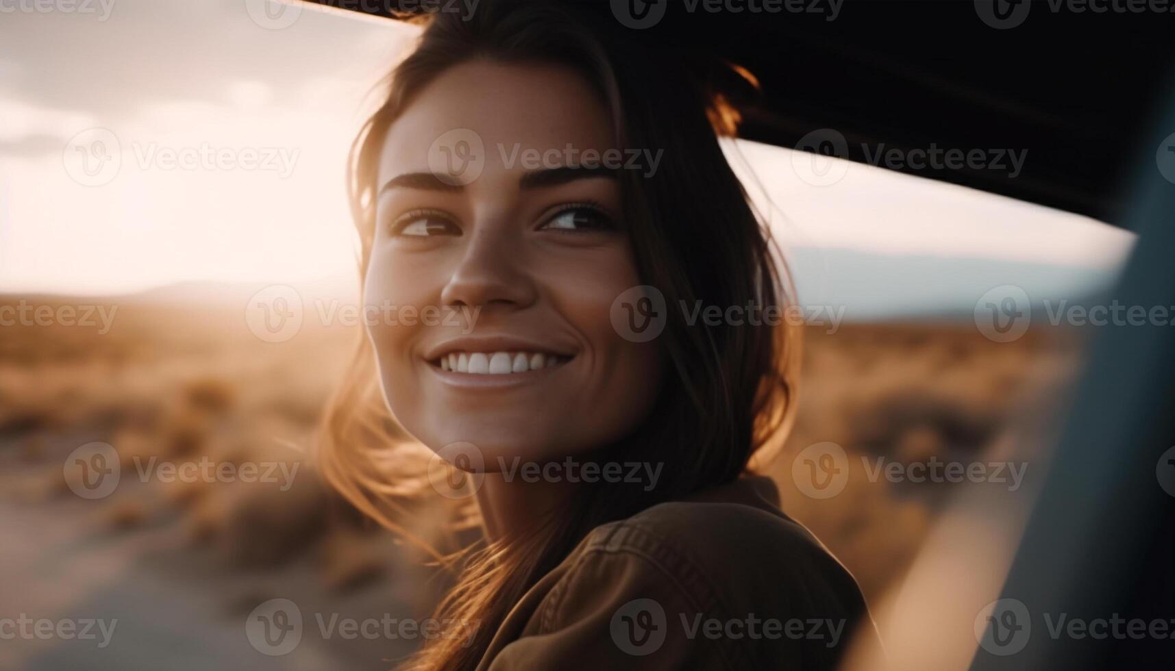 Smiling adult woman enjoying nature beauty in casual clothing outdoors generated by AI photo