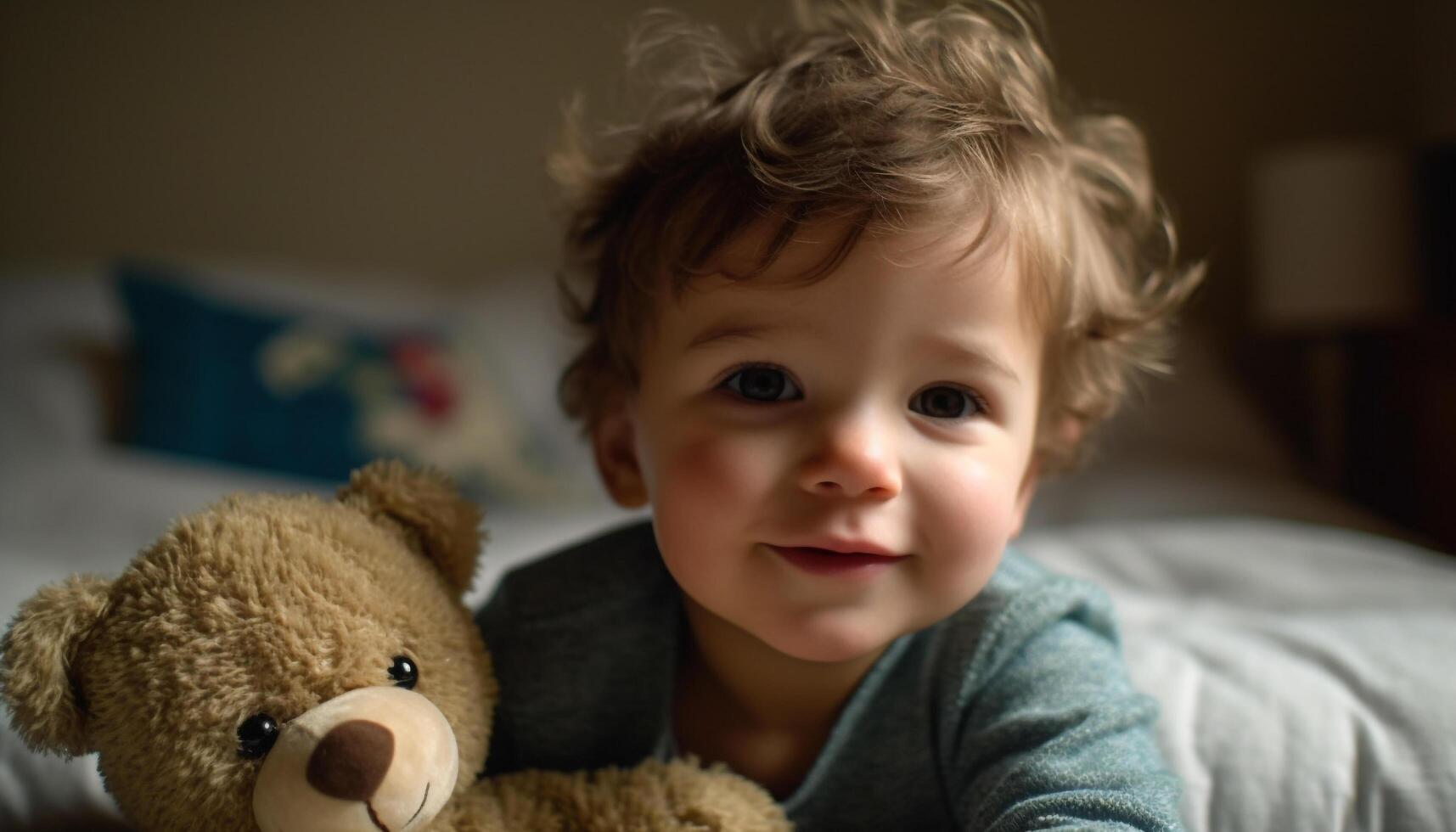 A cute Caucasian baby boy smiling with his teddy bear generated by AI photo