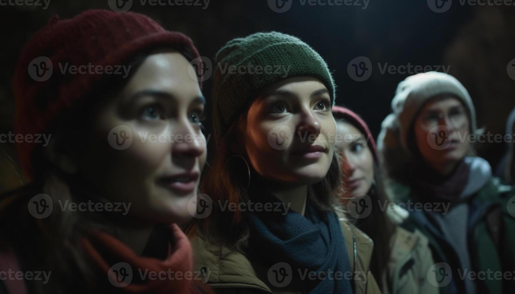 Young adults smiling in winter, enjoying outdoors together generated by AI photo
