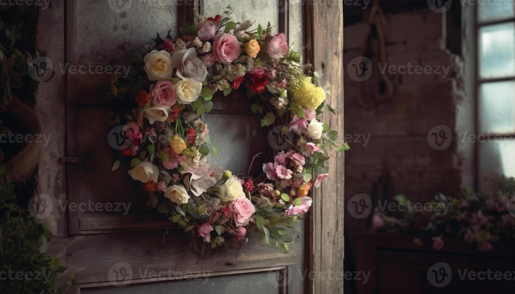 A rustic wooden door adorned with a colorful flower arrangement generated by AI photo