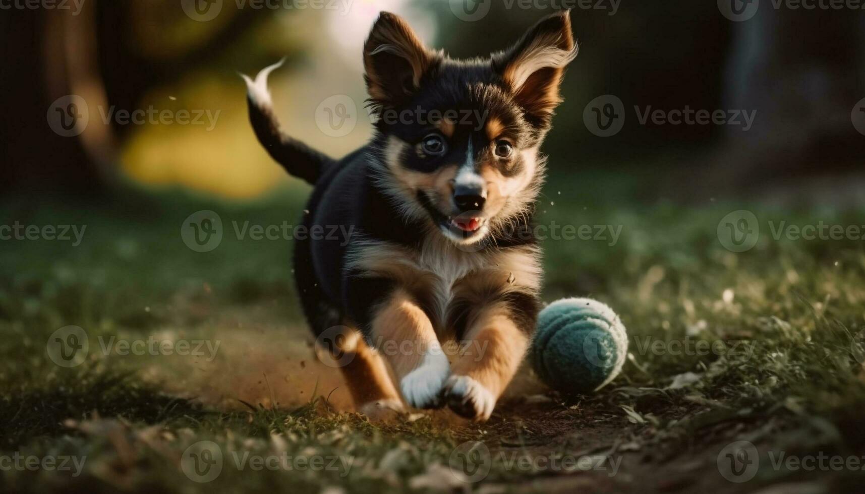 Cute puppy playing outdoors, a small dog enjoying nature generated by AI photo