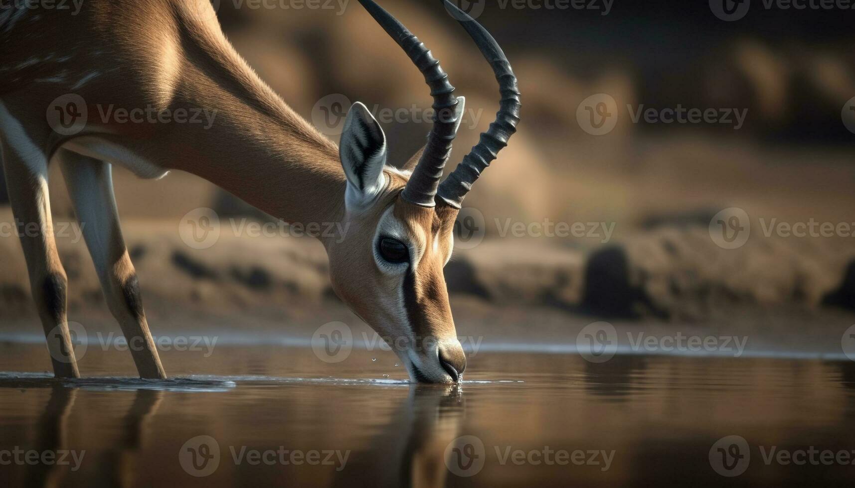 Impala gazelle standing in the African wilderness, reflecting the sunset generated by AI photo