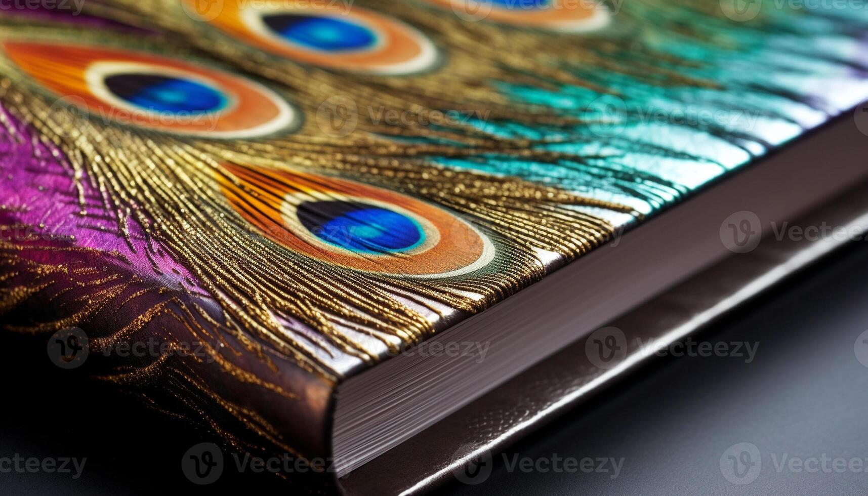 Vibrant colored feather, elegant decoration, antique book cover, shiny gold generated by AI photo