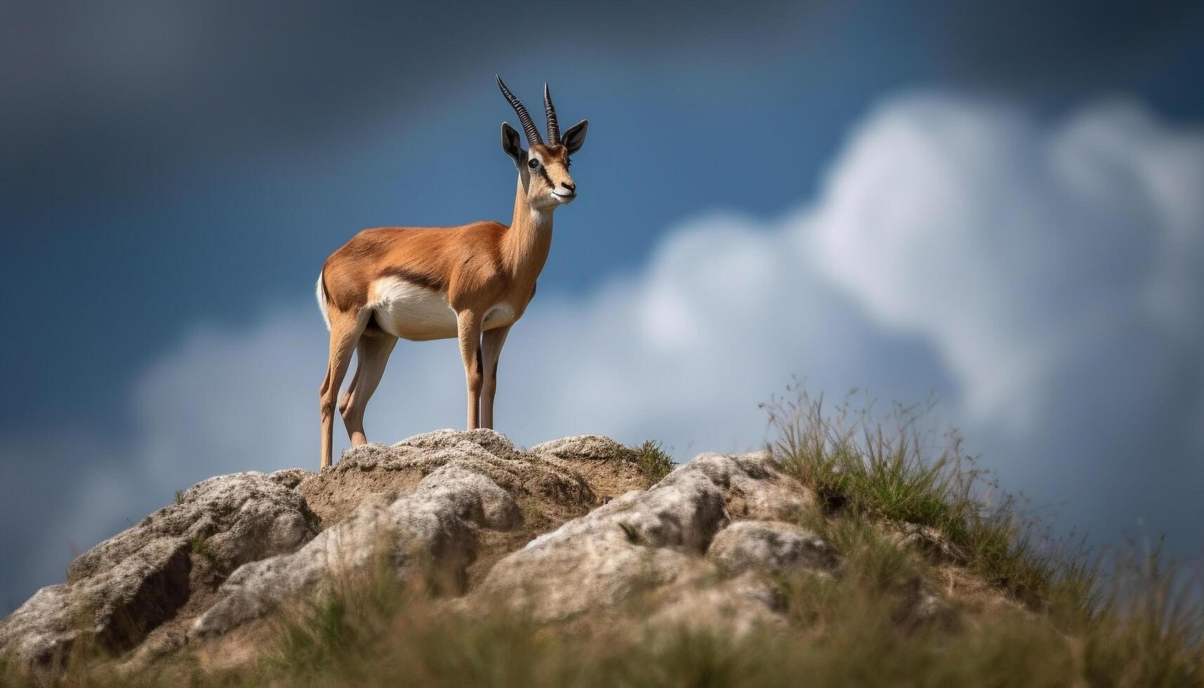 uno con cuernos impala en pie en herboso montaña, mirando a cámara generado por ai foto