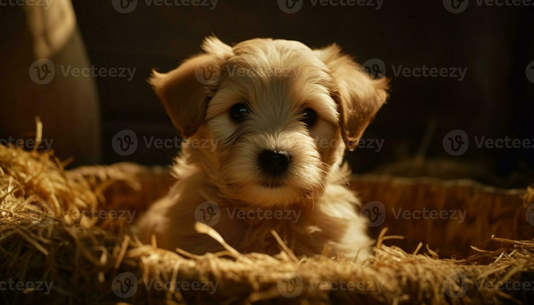 Cute puppy sitting outdoors, looking at camera with innocence generated by AI photo