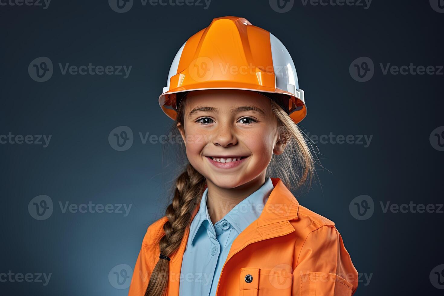 Portrait of a smiling little girl in a construction helmet photo