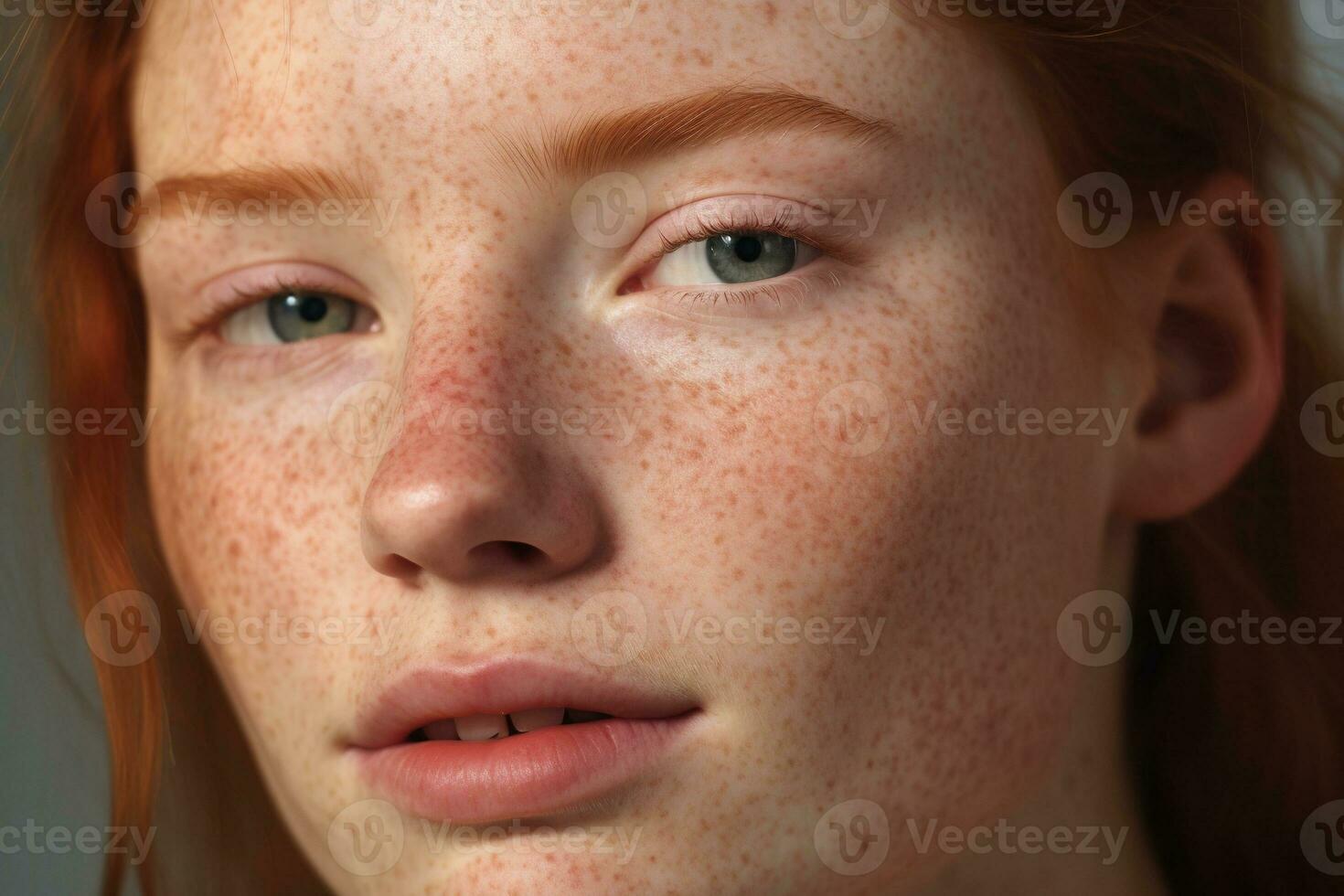 a close up of a woman with freckles AI generated photo