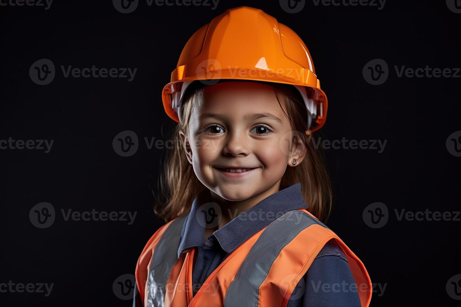 retrato de un sonriente pequeño niña en un construcción casco ai generado foto