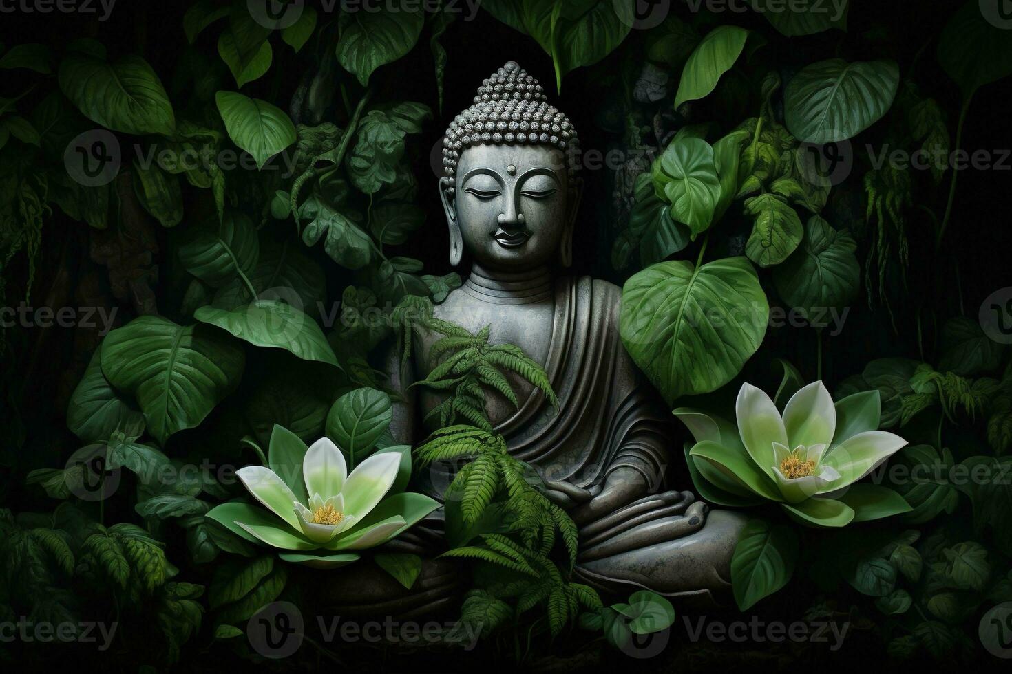 Buddha statue with lotus flower and green leaves background AI Generated photo