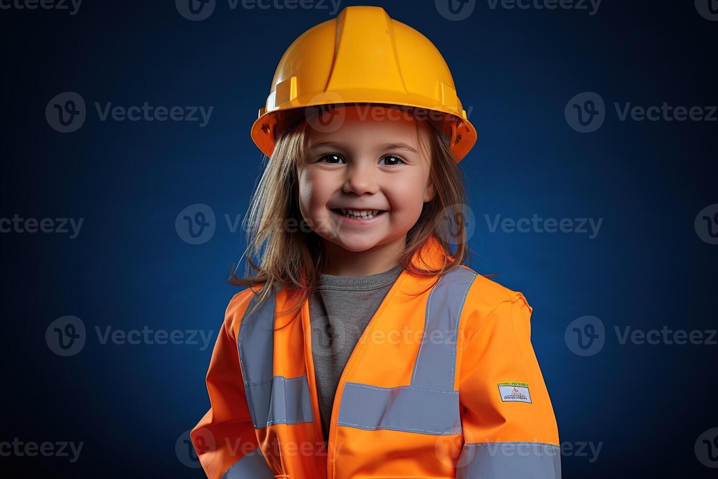 Portrait of a smiling little girl in a construction helmet photo