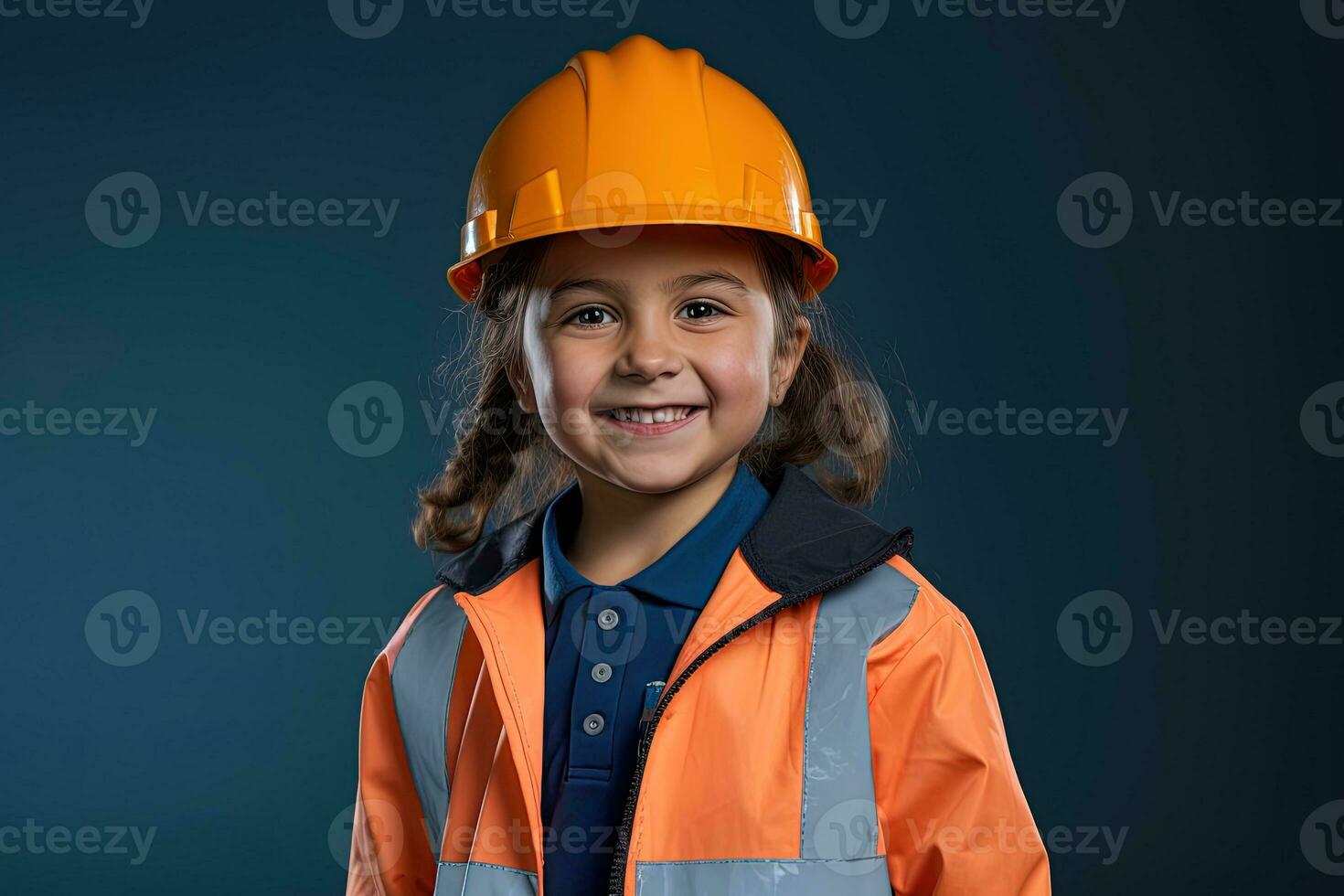 retrato de un sonriente pequeño niña en un construcción casco ai generado foto