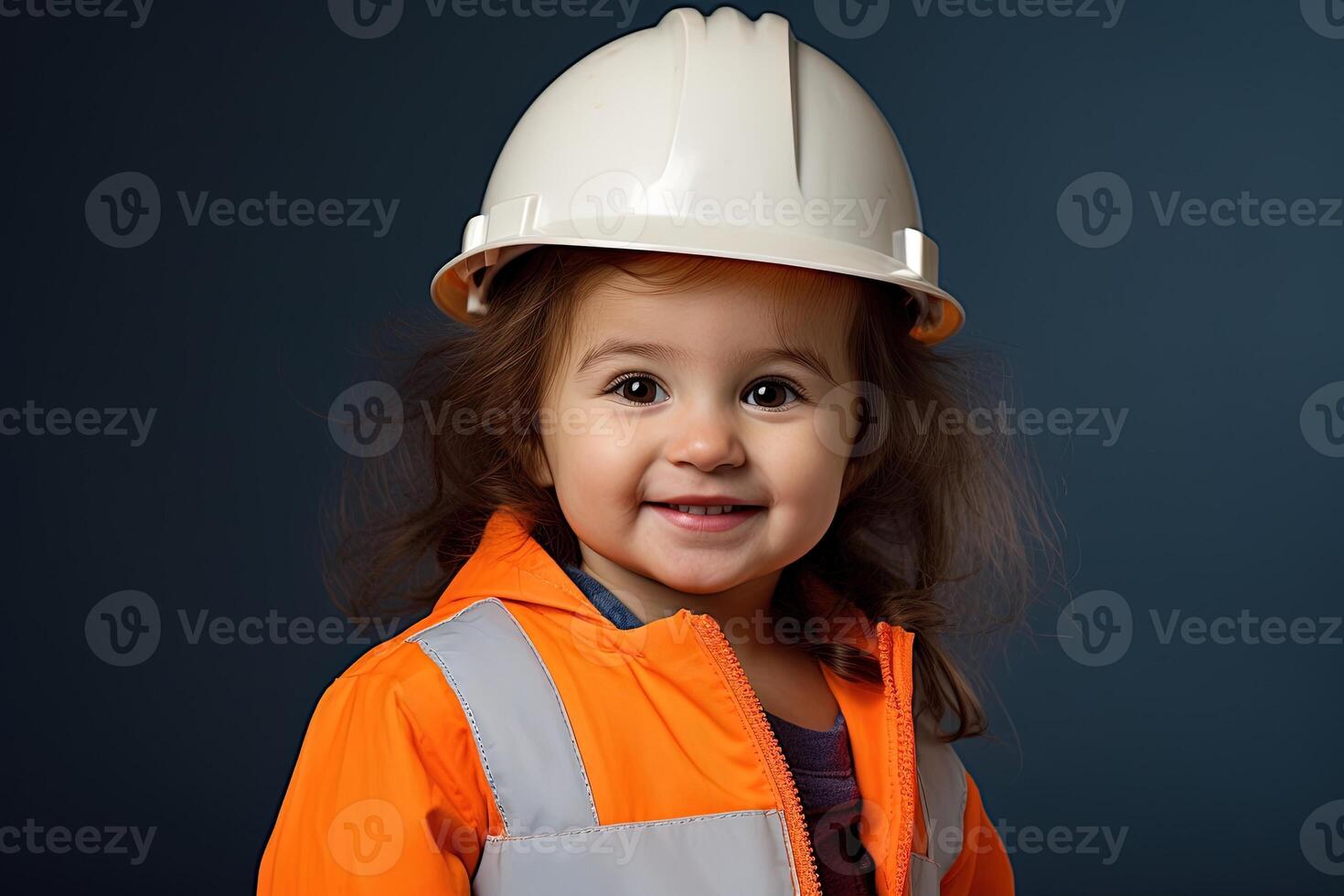 retrato de un sonriente pequeño niña en un construcción casco ai generado foto