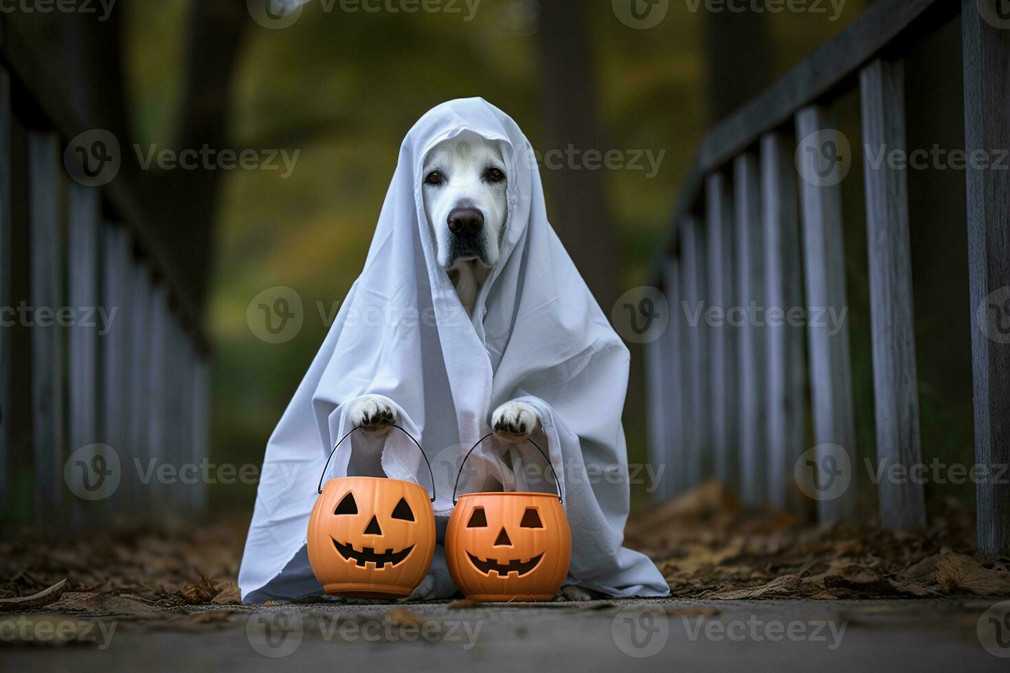 Halloween theme. dog in ghost costume with pumpkins on dark background AI Generated photo