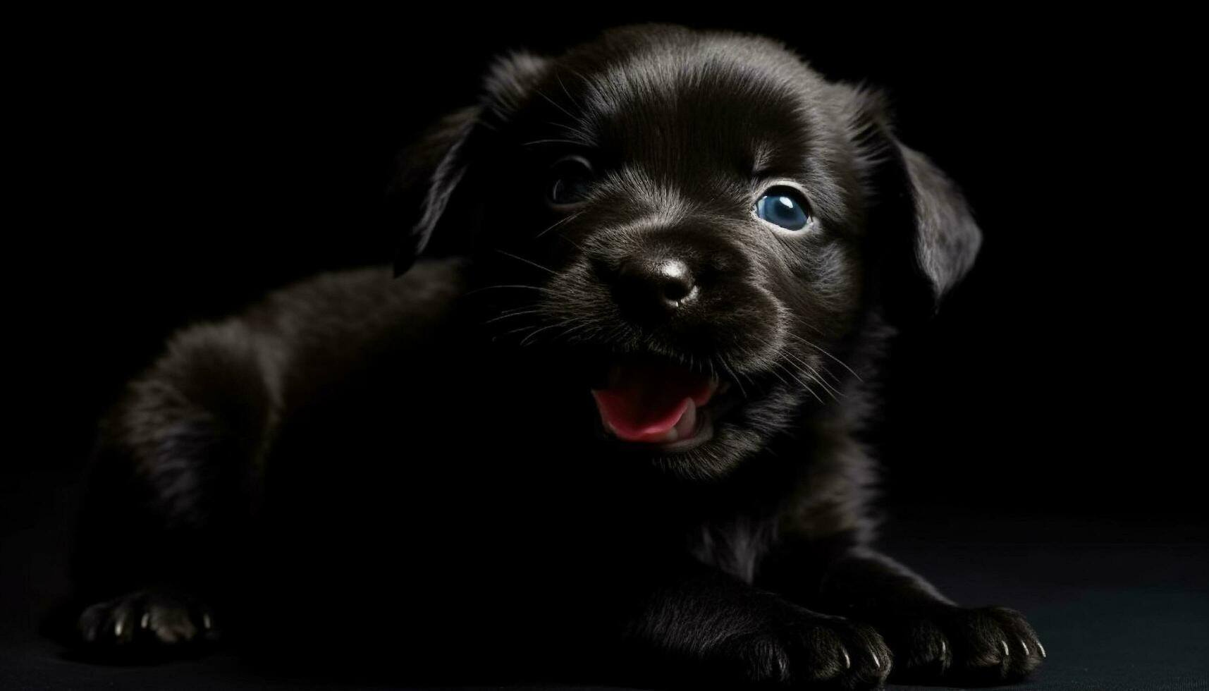 Cute puppy sitting, looking at camera, black background, fluffy fur generated by AI photo