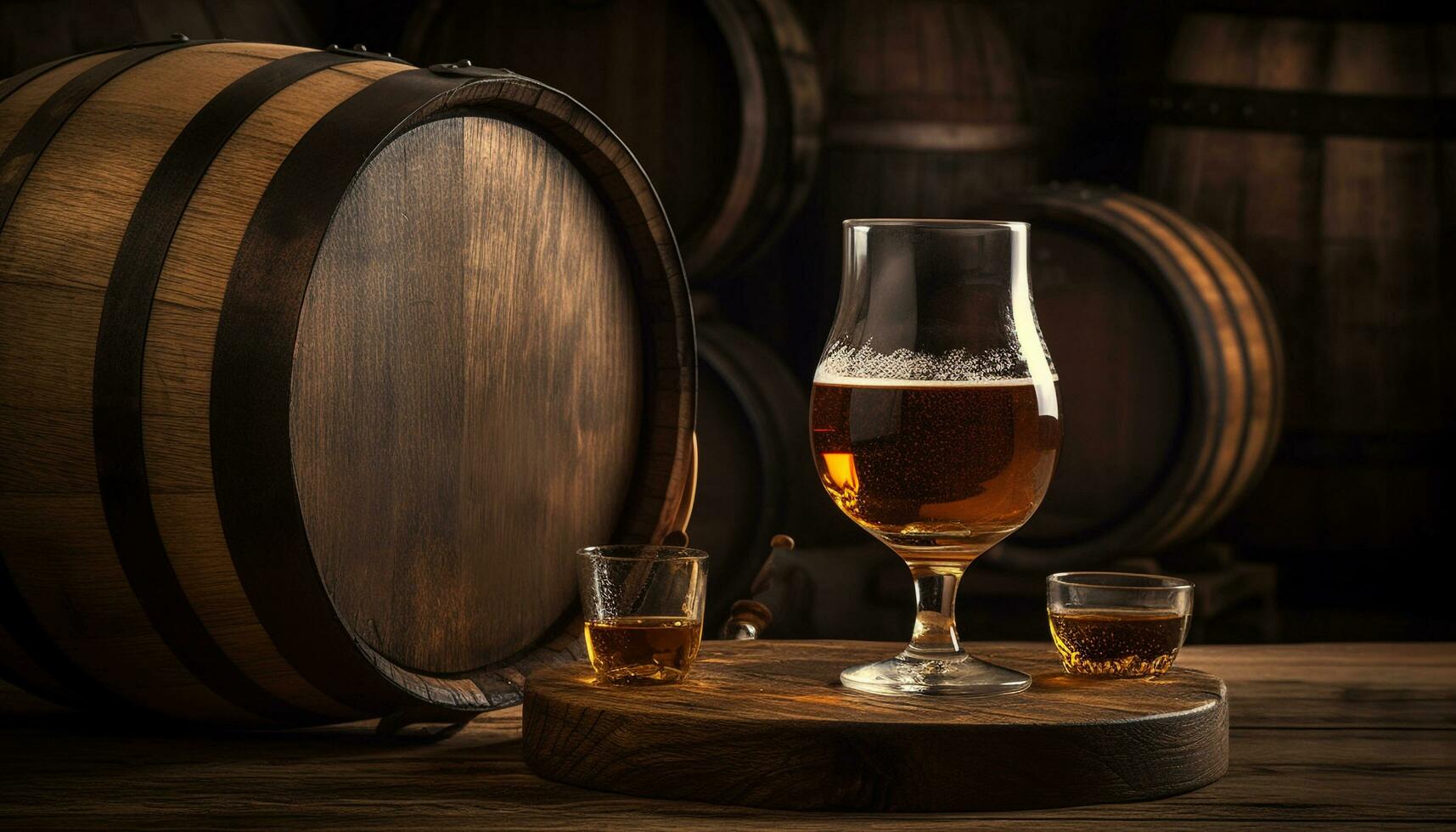 de madera barril sostiene oscuro whisky en rústico pub cava antecedentes generado por ai foto