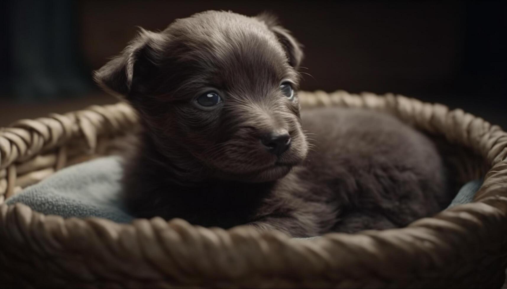 Cute puppy playing, looking at camera, fluffy fur, blue eyes generated by AI photo