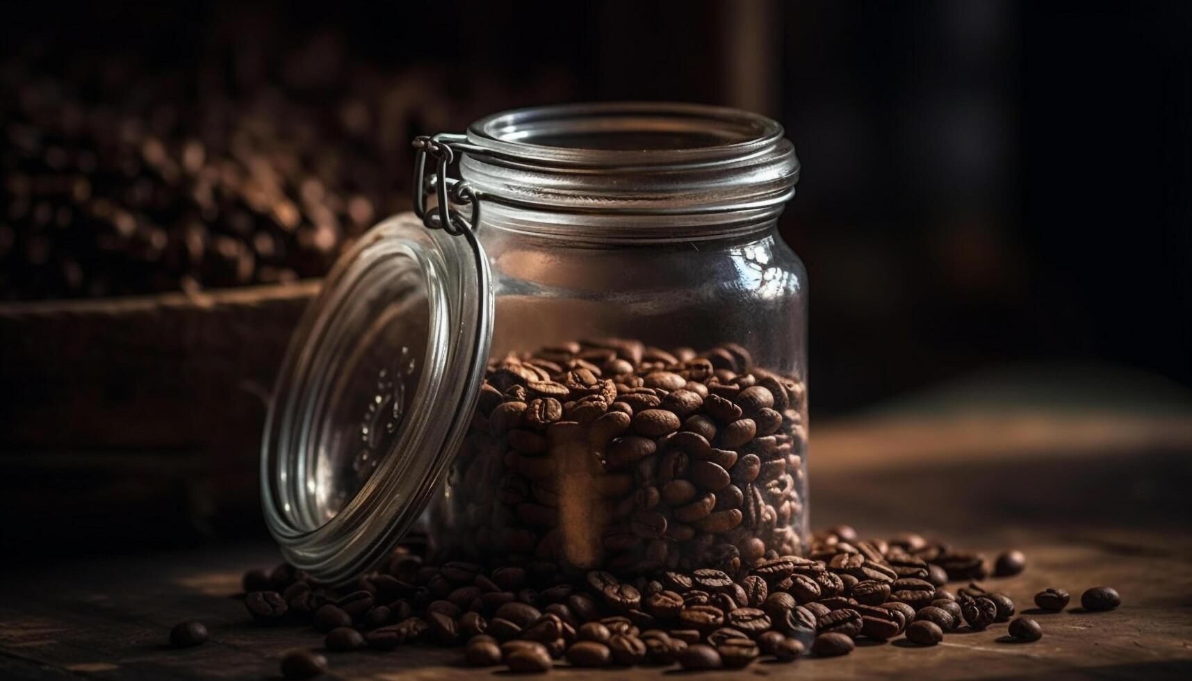 Freshly ground coffee beans on a rustic wooden table generated by AI photo