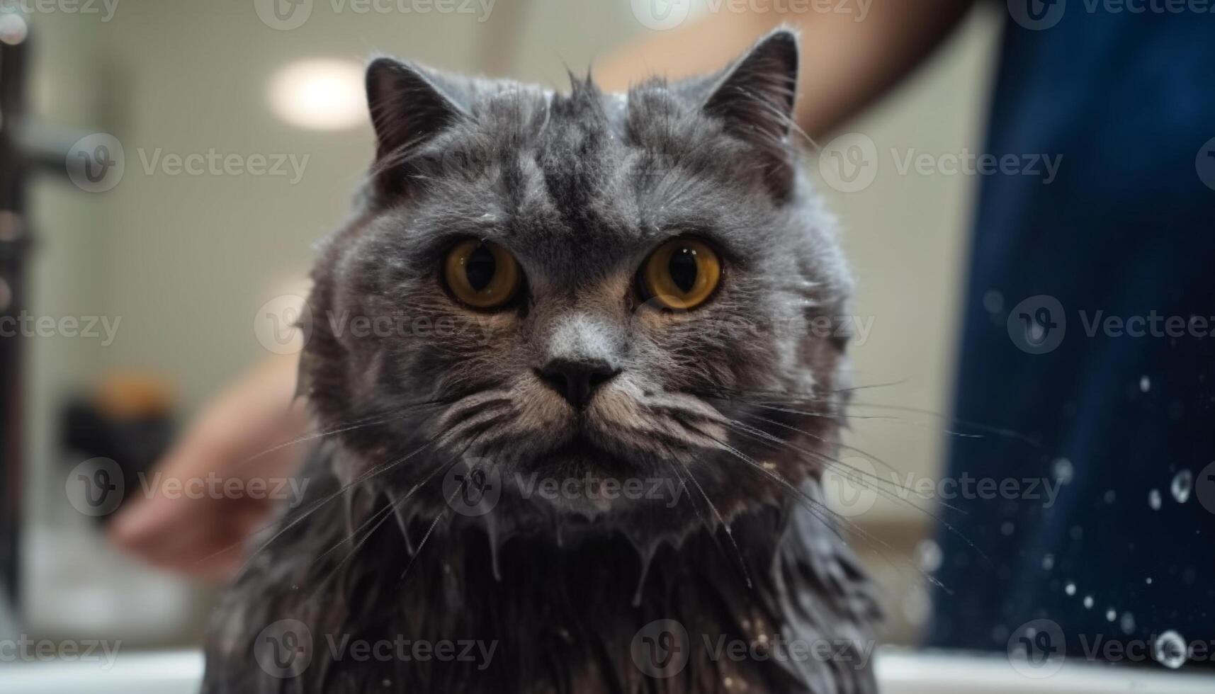 Cute kitten staring, fluffy fur, close up, playful, looking at camera generated by AI photo