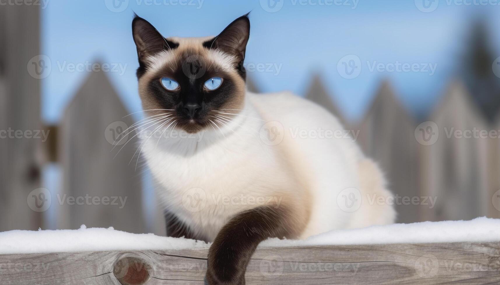 Cute kitten sitting on snow, staring at camera, fluffy fur generated by AI photo