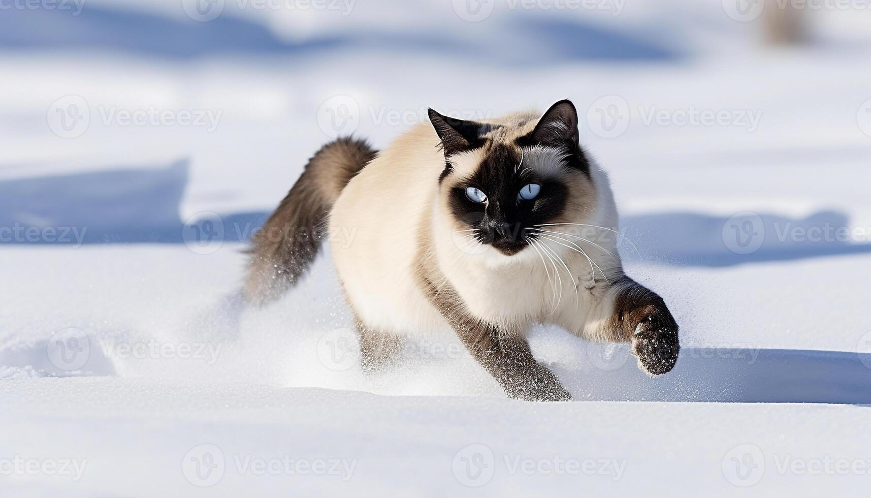 Cute kitten playing in the snow, looking at the camera generated by AI photo