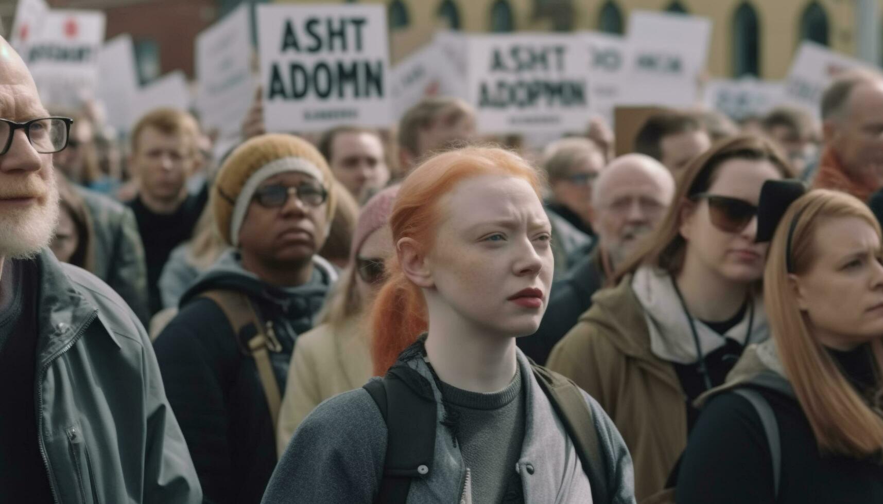 A diverse group of young adults walking together in protest generated by AI photo