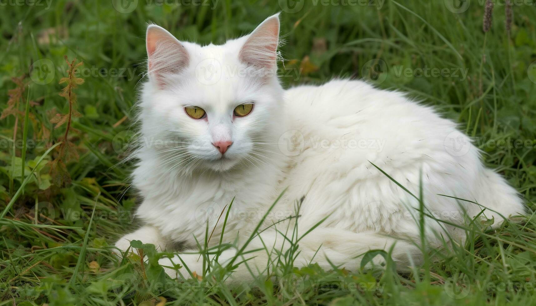Cute kitten sitting on green grass, staring at camera with love generated by AI photo