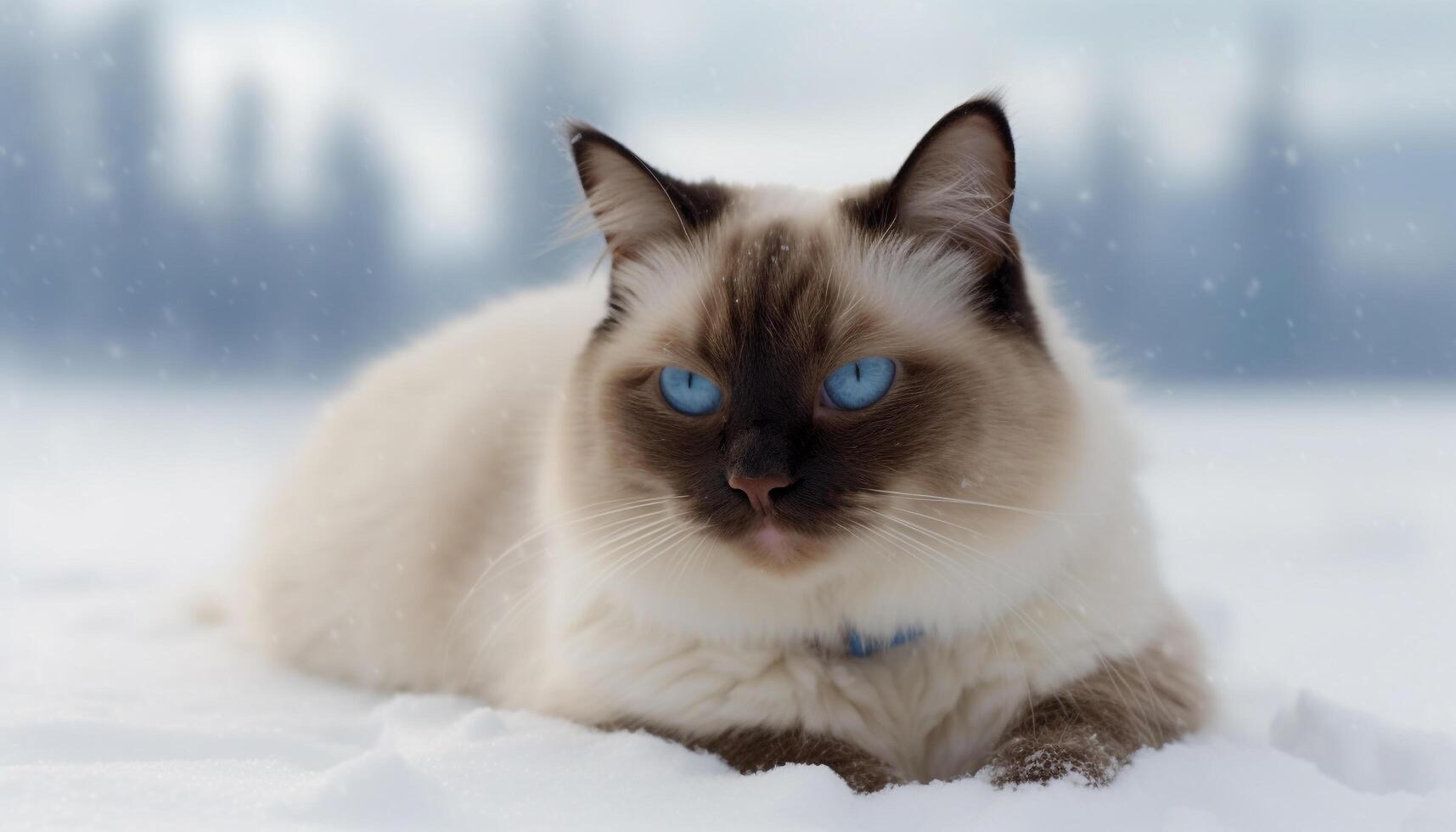 Cute kitten sitting in snow, staring at camera, fluffy fur generated by AI photo