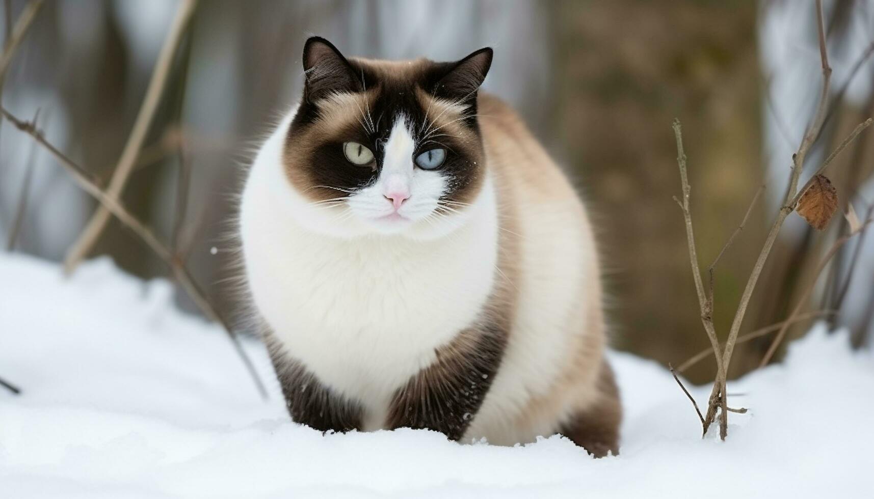 Cute kitten sitting in snow, looking at camera with curiosity generated by AI photo