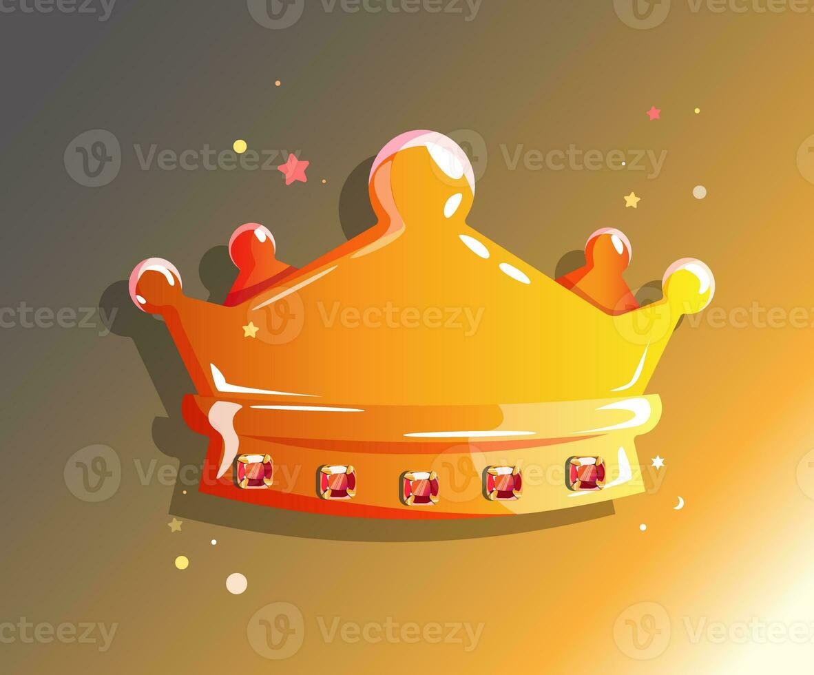 Cartoon Crown, Gold wealth and privileges of the King and Queen, Tiara with more Red crystals Rube. Vector illustration for Game Elements photo