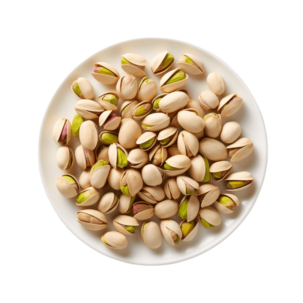 pistachos en un blanco plato aislado en un transparente antecedentes png