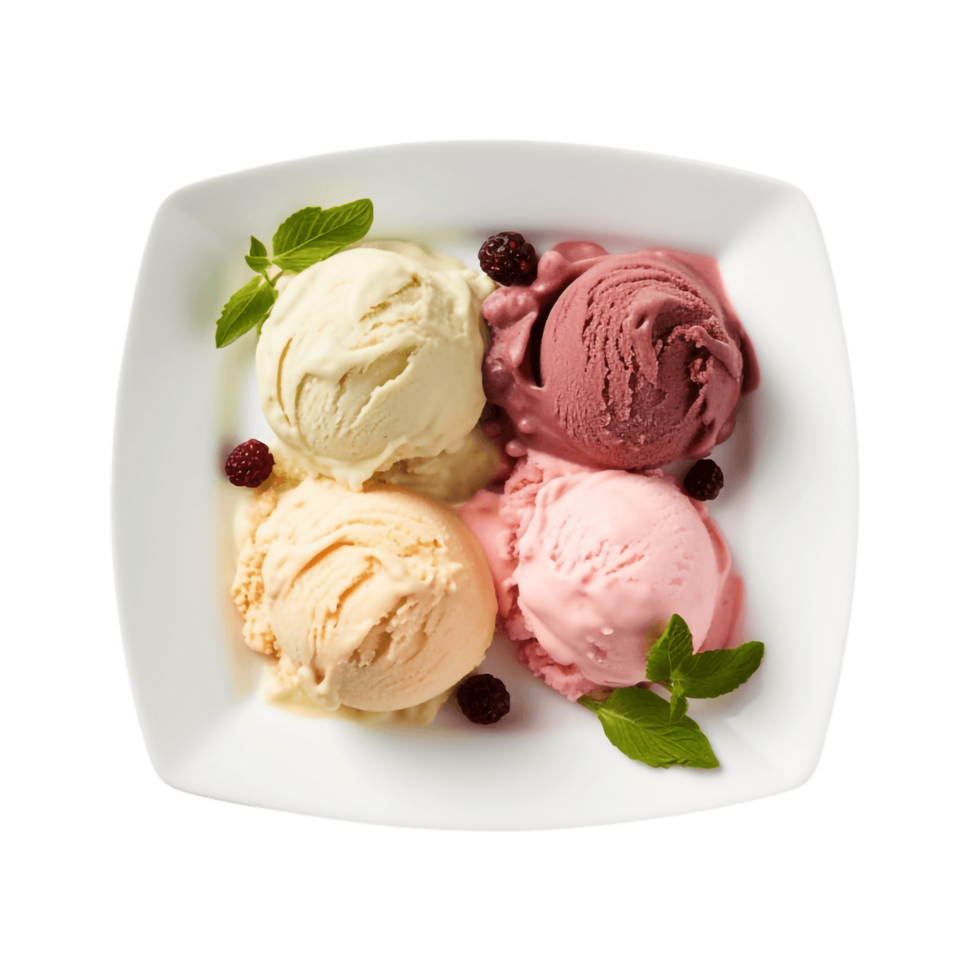 Four scoops of different flavour ice cream on a plate png