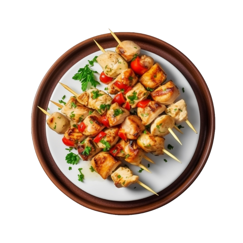 chicken kebab skewers on a plate on a transparent background png