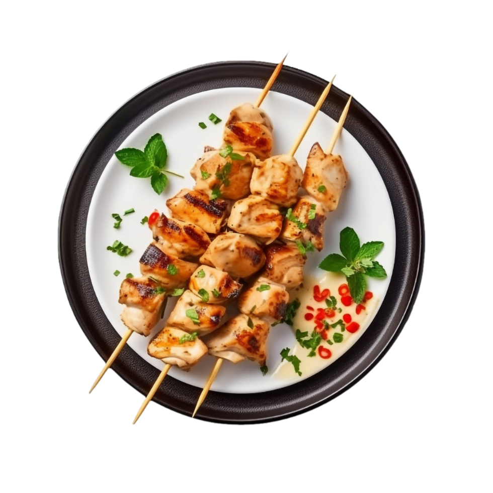 chicken skewers on a plate on a transparent  background png