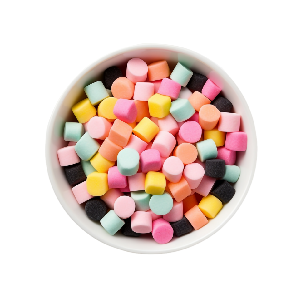 colorful marshmallows in a bowl on a transparent background png