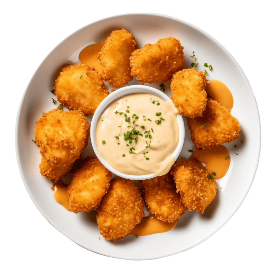 chicken nuggets with dipping sauce on a white plate png
