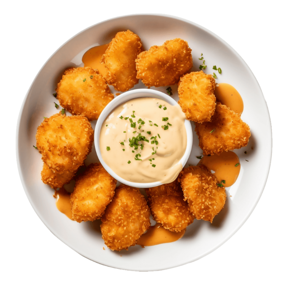 Hähnchen Nuggets mit Eintauchen Soße auf ein Weiß Teller png