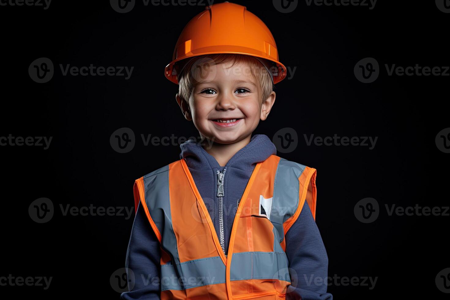 retrato de un linda pequeño chico en un construcción casco ai generado foto