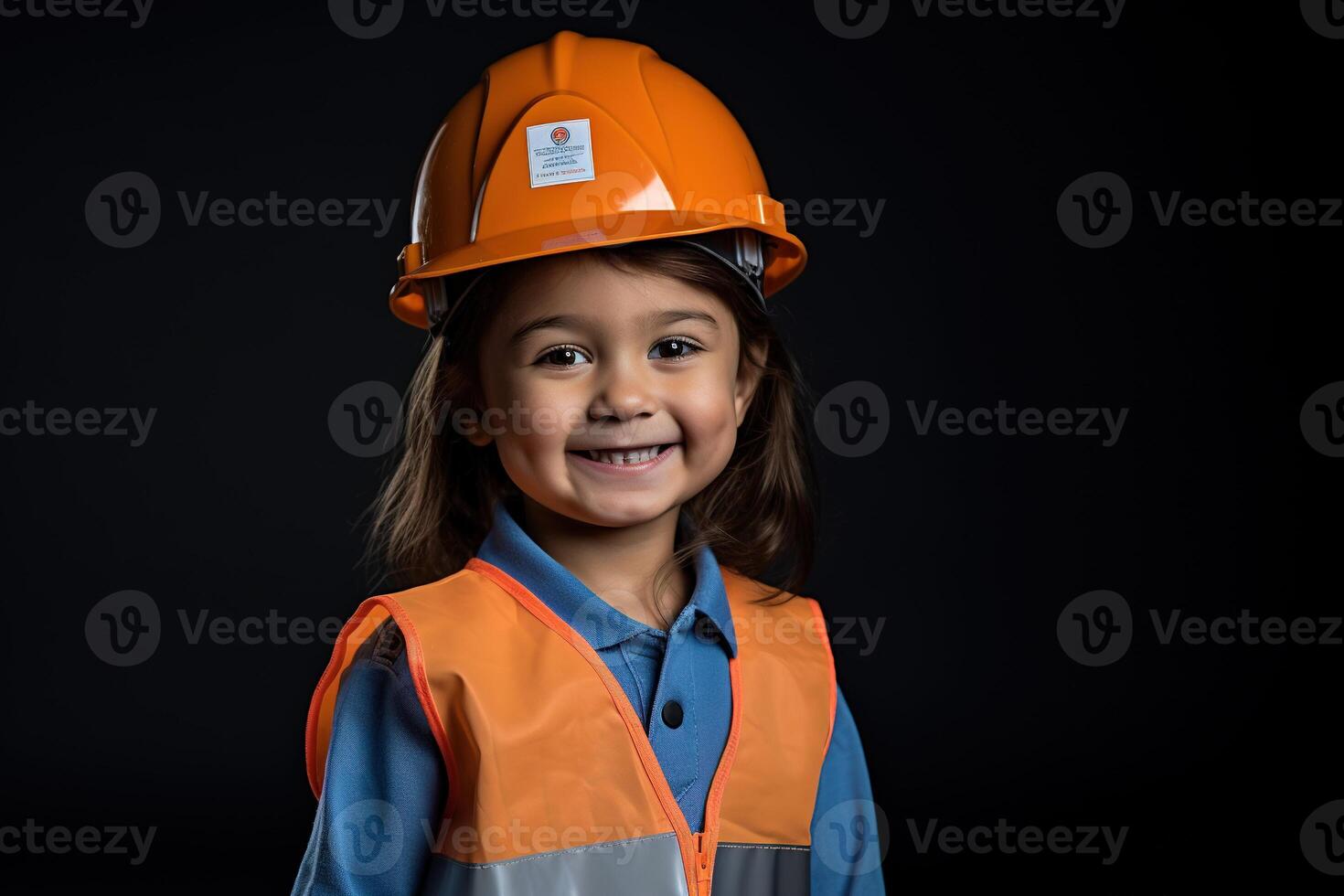 Portrait of a smiling little girl in a construction helmet photo