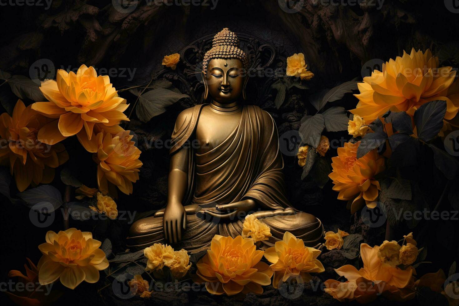 a golden buddha statue surrounded by flowers AI Generated photo