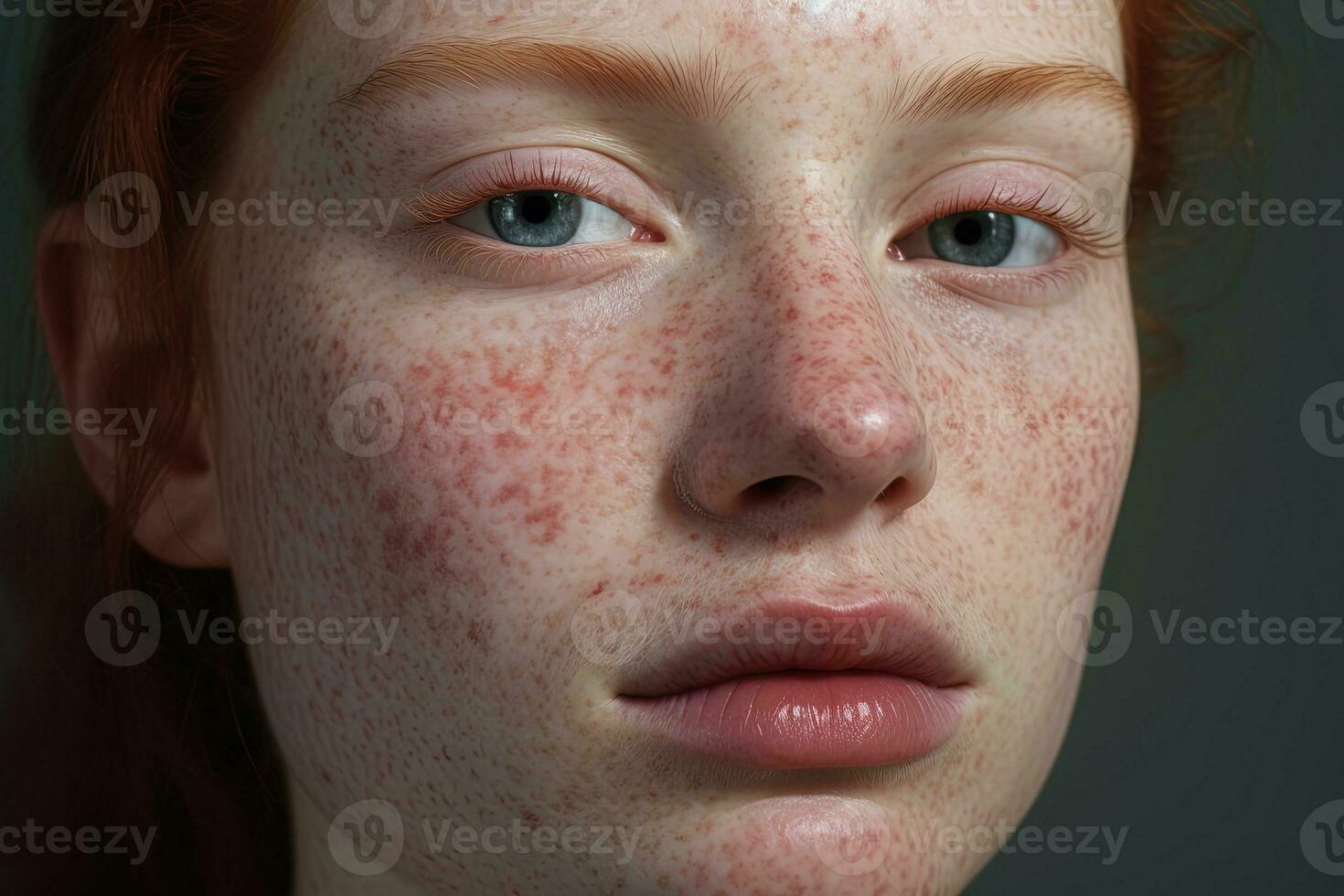 a close up of a woman with freckles,rosacea couperose redness skin AI generated photo