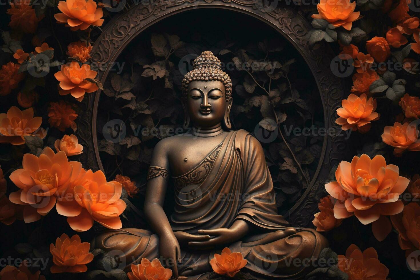 Buddha statue surrounded by orange flowers on a black background AI Generated photo