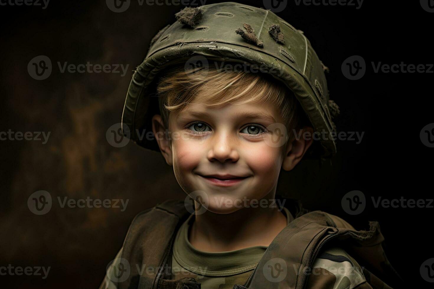 Portrait of a cute little boy in military uniform on dark background AI Generated photo