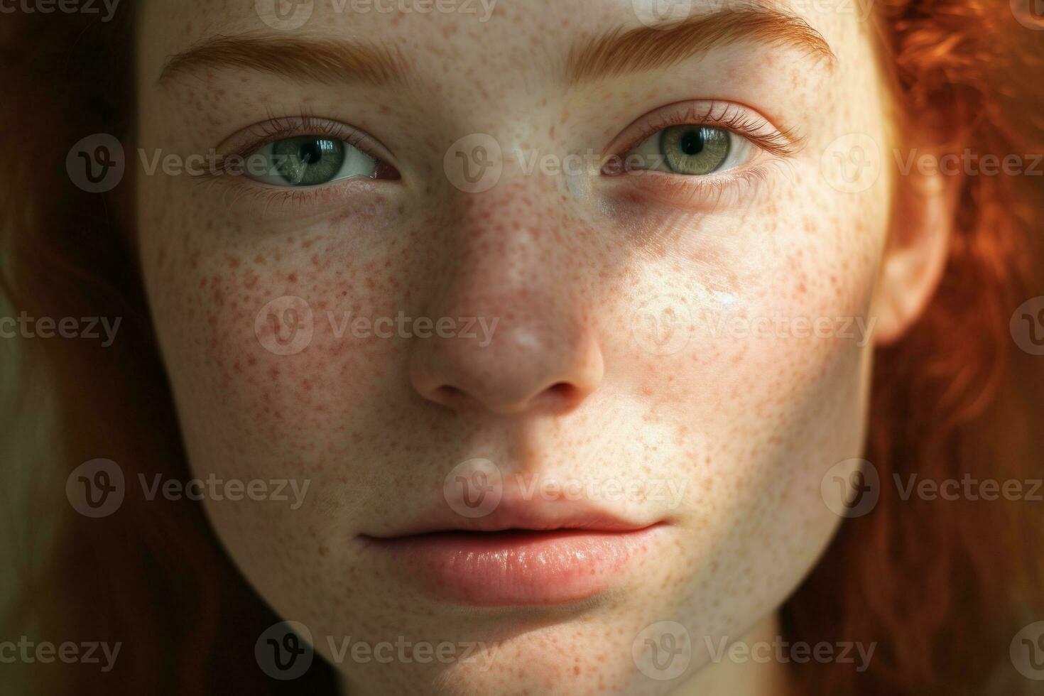a close up of a woman with freckles AI generated photo